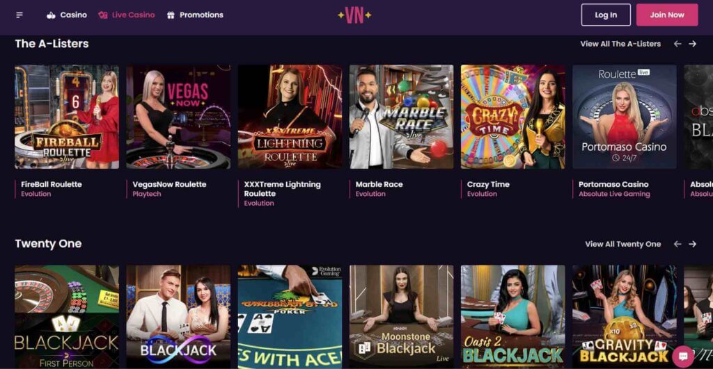 live dealer titles at Vegas Now