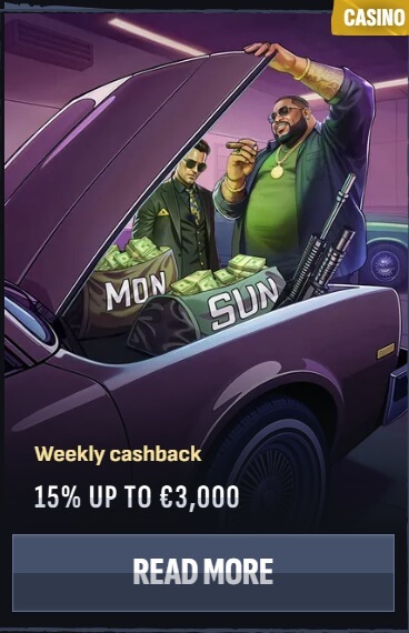 MafiaCasino weekly cashback bonus 15% up to $3,000 UAE casinos
