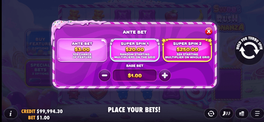 sweet rush bonanza ante bet