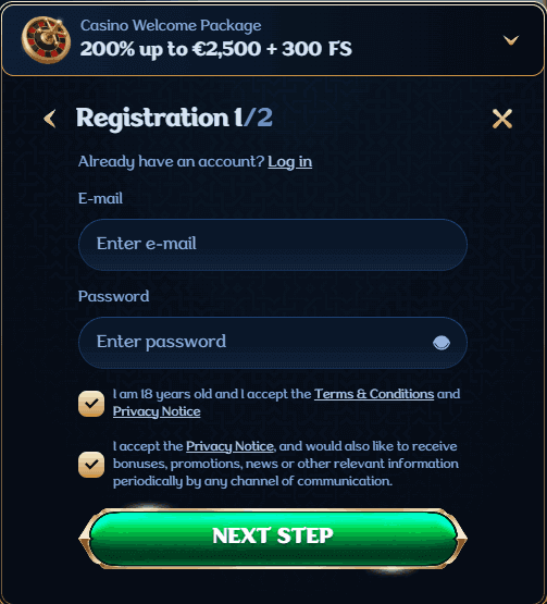 registration process at Millioner casino 