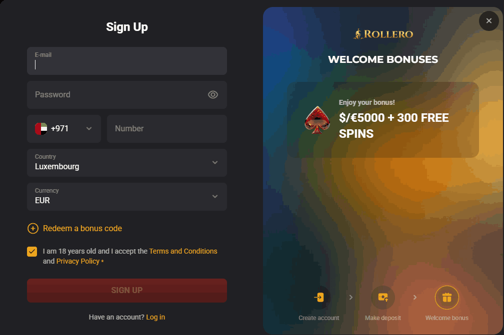 sign-up form at Rollero casino