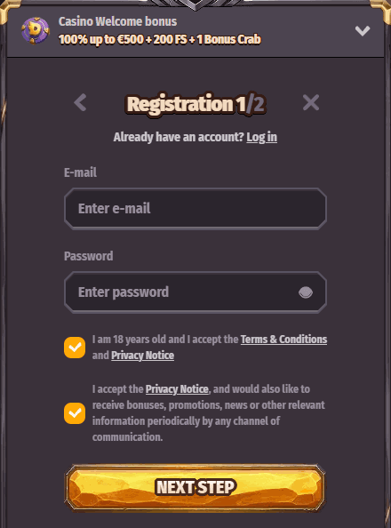 registration form at Dragonia caisno