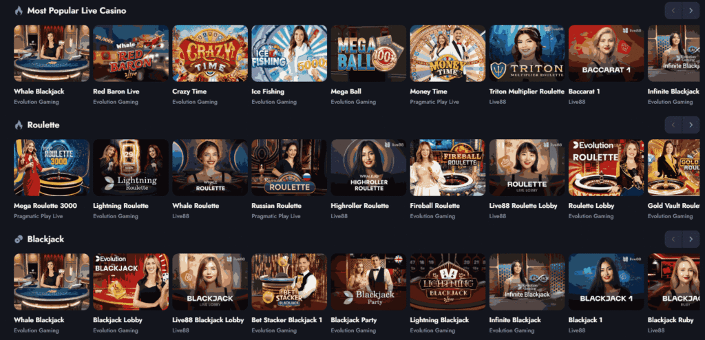 Live dealer tables you can play at Whale.io