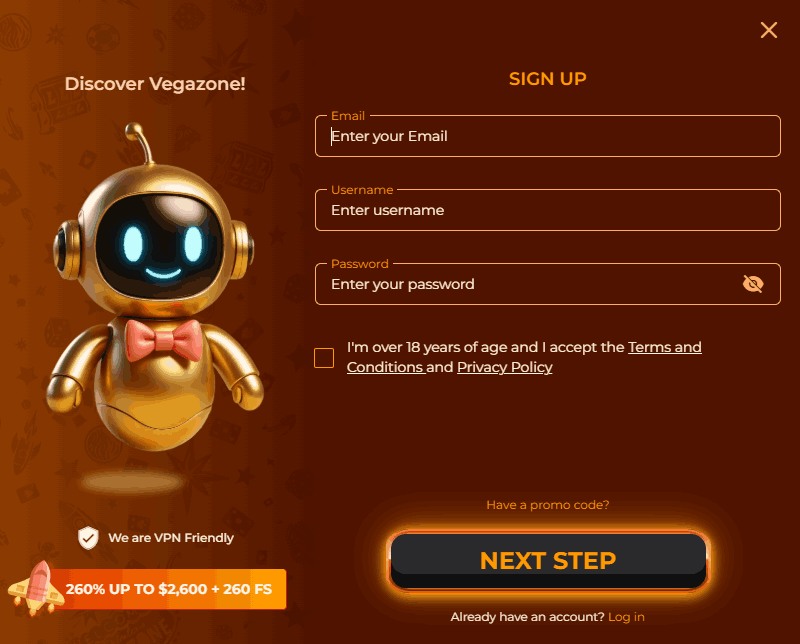 Sign up form at Vegazone