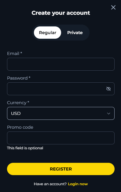 Online casino registration form at MaxCasino 