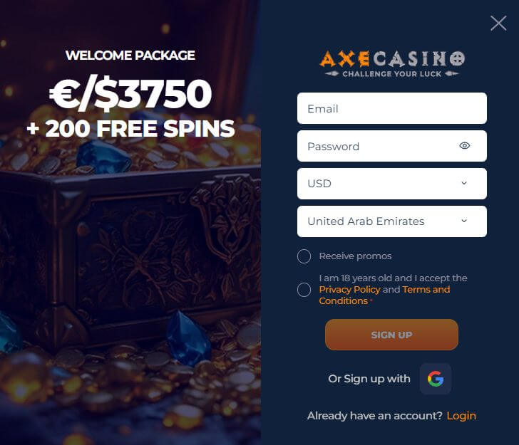 registeration form at axecasino