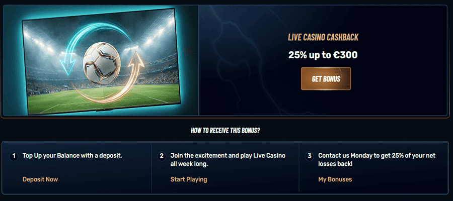 Live cashback bonus at Golazzo casino