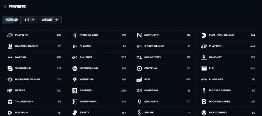 Popular game providers at Golazzo casino
